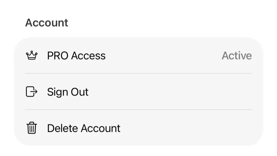 The Account section of the Gript Profile tab with Sign Out and Delete Account