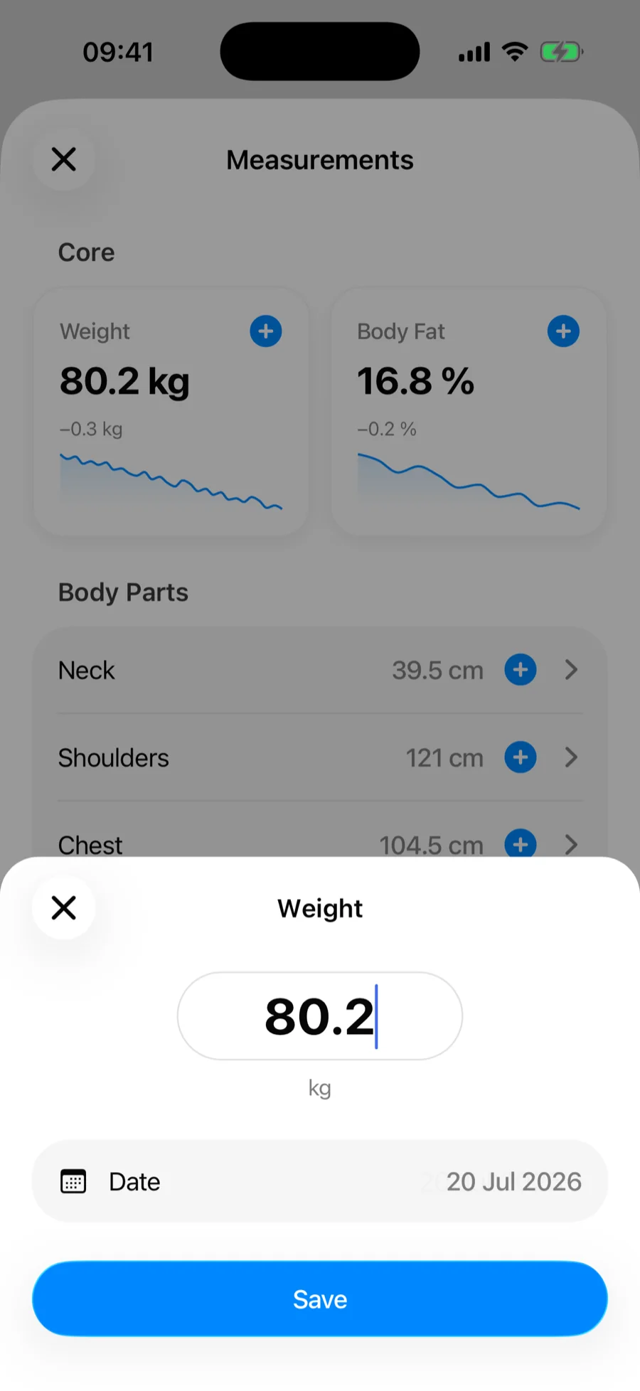 The add measurement sheet in Gript with a large weight input pre-filled with the latest value