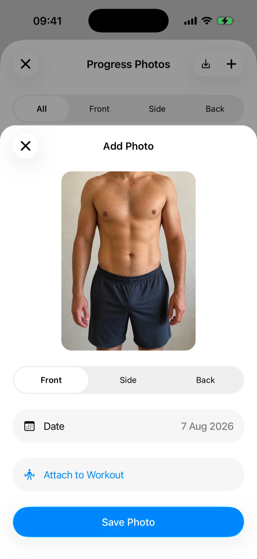 The Add Photo sheet in Gript with a photo preview, pose selector, and date picker