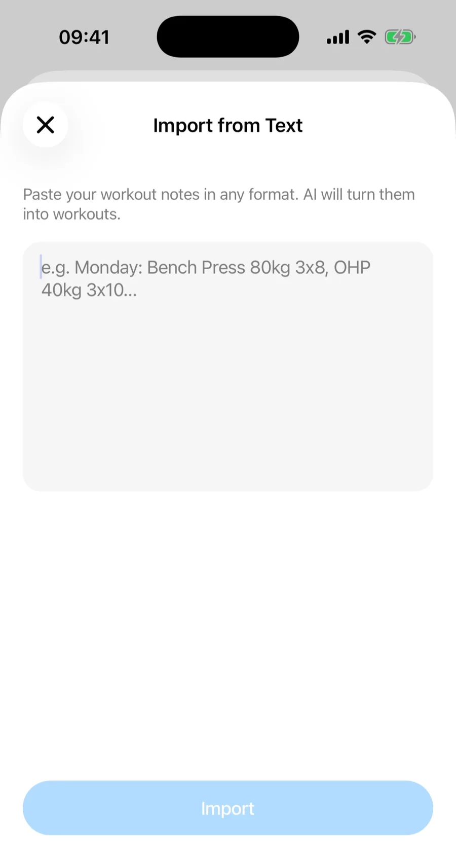 Gript's Import from Text screen where you paste workout notes in any format for AI to parse