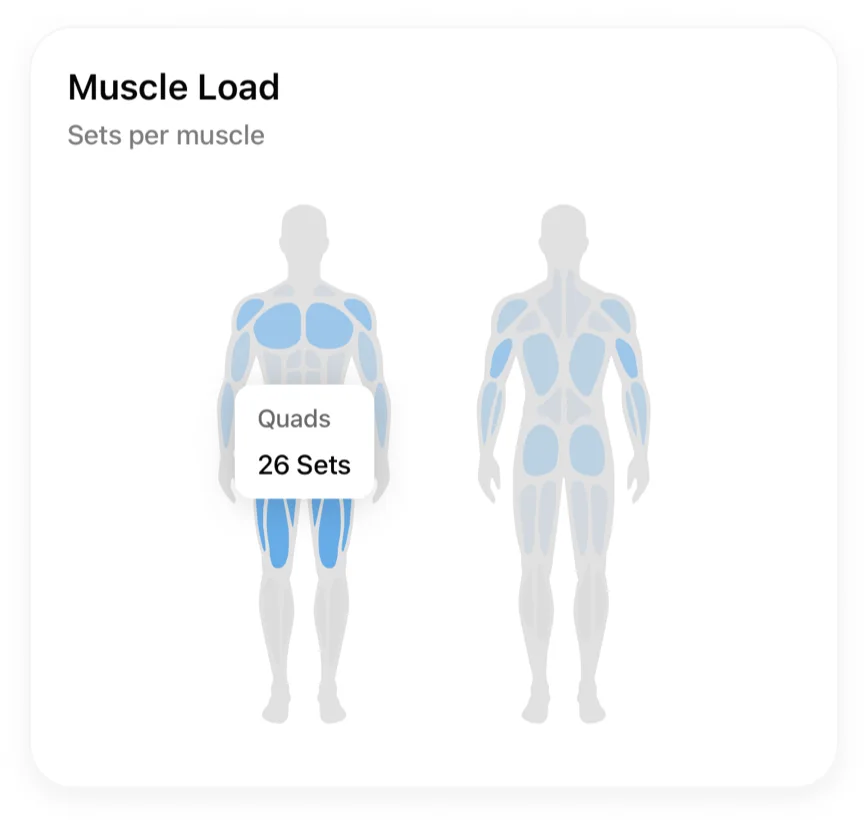El gráfico de Carga muscular en Gript con las siluetas de frente y de espaldas y los músculos más entrenados resaltados