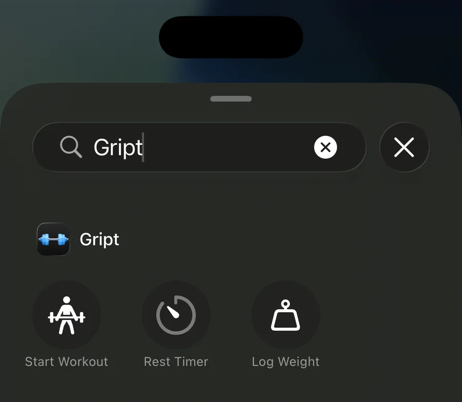 A galeria Adicionar um Controle do iOS filtrada por Gript, mostrando os controles Iniciar treino, Timer de descanso e Registrar peso