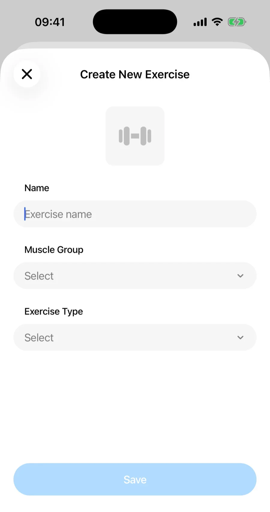 The Create New Exercise form in Gript with name, muscle group, and exercise type fields