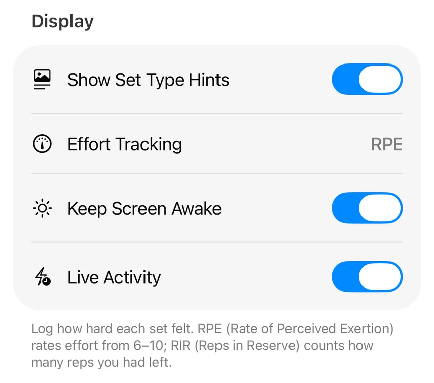 The Display section of Gript Workout Settings with Effort Tracking set to RPE