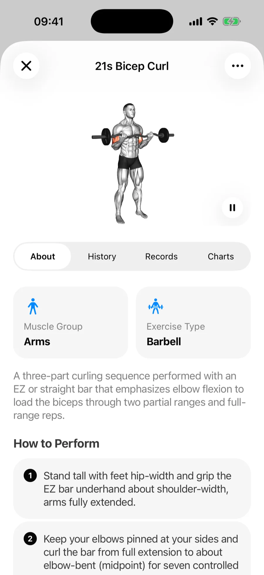 Gript exercise detail for a bicep curl: demo video, About, History, Records, and Charts tabs, muscle group, and step instructions