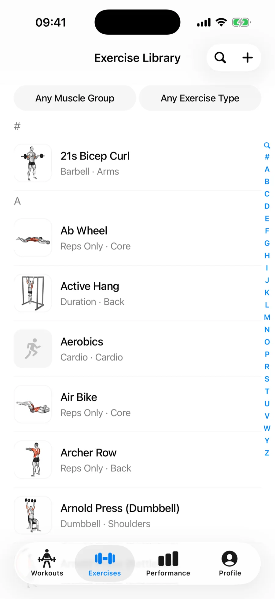 Gript exercise library with search, muscle group and exercise type filters, and illustrated exercises