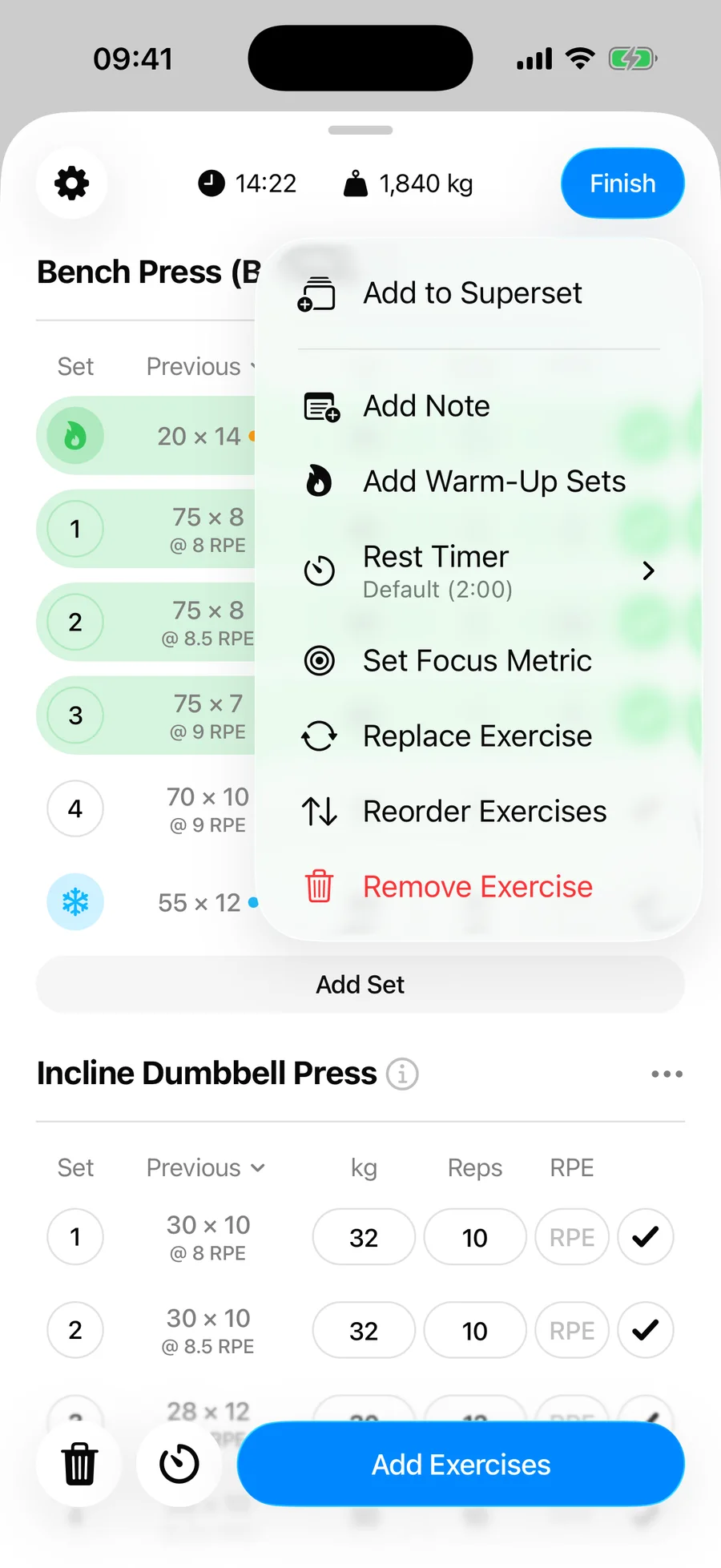 The exercise menu in Gript with Add Note among the options