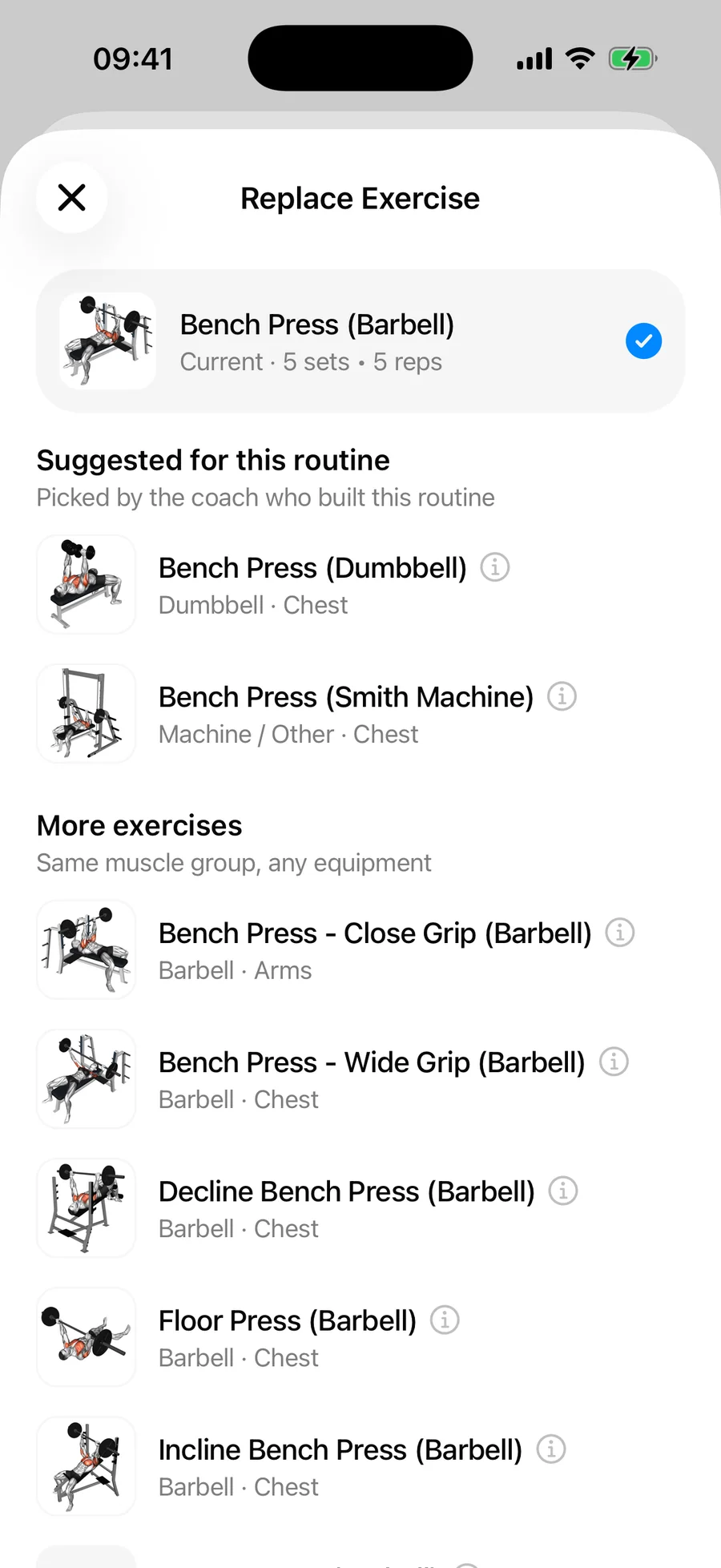 Gript's Replace Exercise screen for Bench Press (Barbell) with coach-suggested alternatives above a longer list of chest exercises