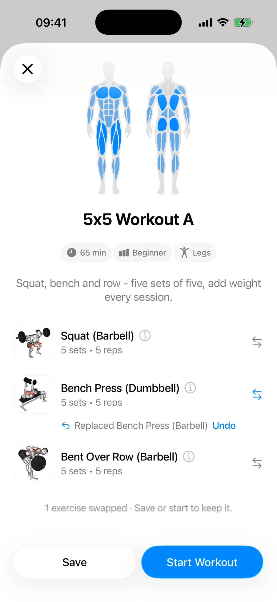 The 5x5 Workout A preview with Bench Press (Dumbbell) swapped in, a Replaced Bench Press (Barbell) line with Undo, and the note 1 exercise swapped
