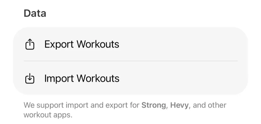 The Data section of the Gript Profile tab with Export Workouts and Import Workouts