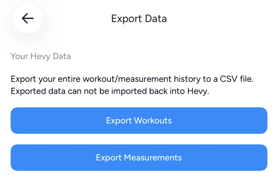 Hevy's Export Data screen with the Export Workouts and Export Measurements buttons