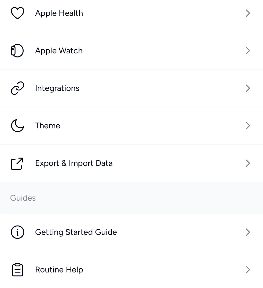 Hevy's Settings screen with the Export & Import Data row
