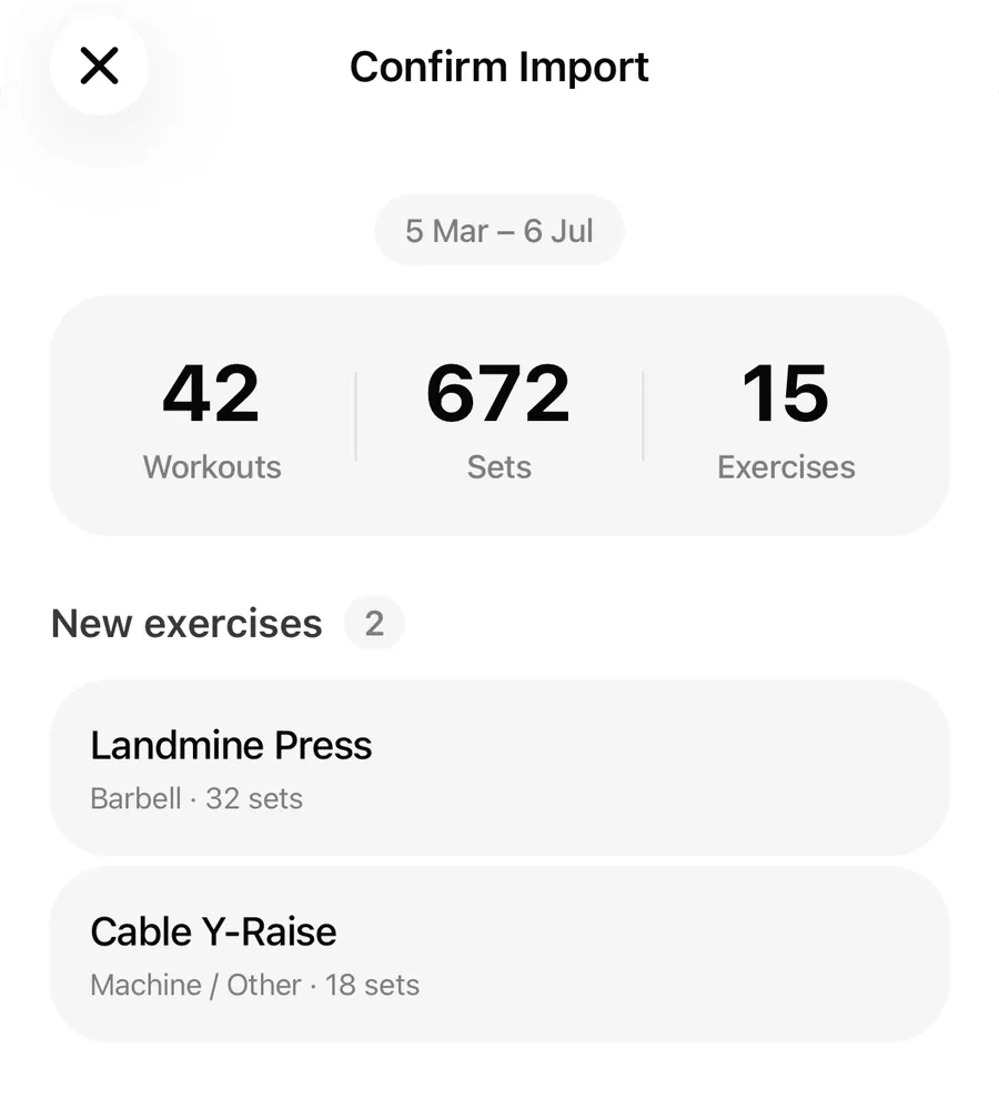 Gript confirming an import of forty-two workouts and six hundred seventy-two sets
