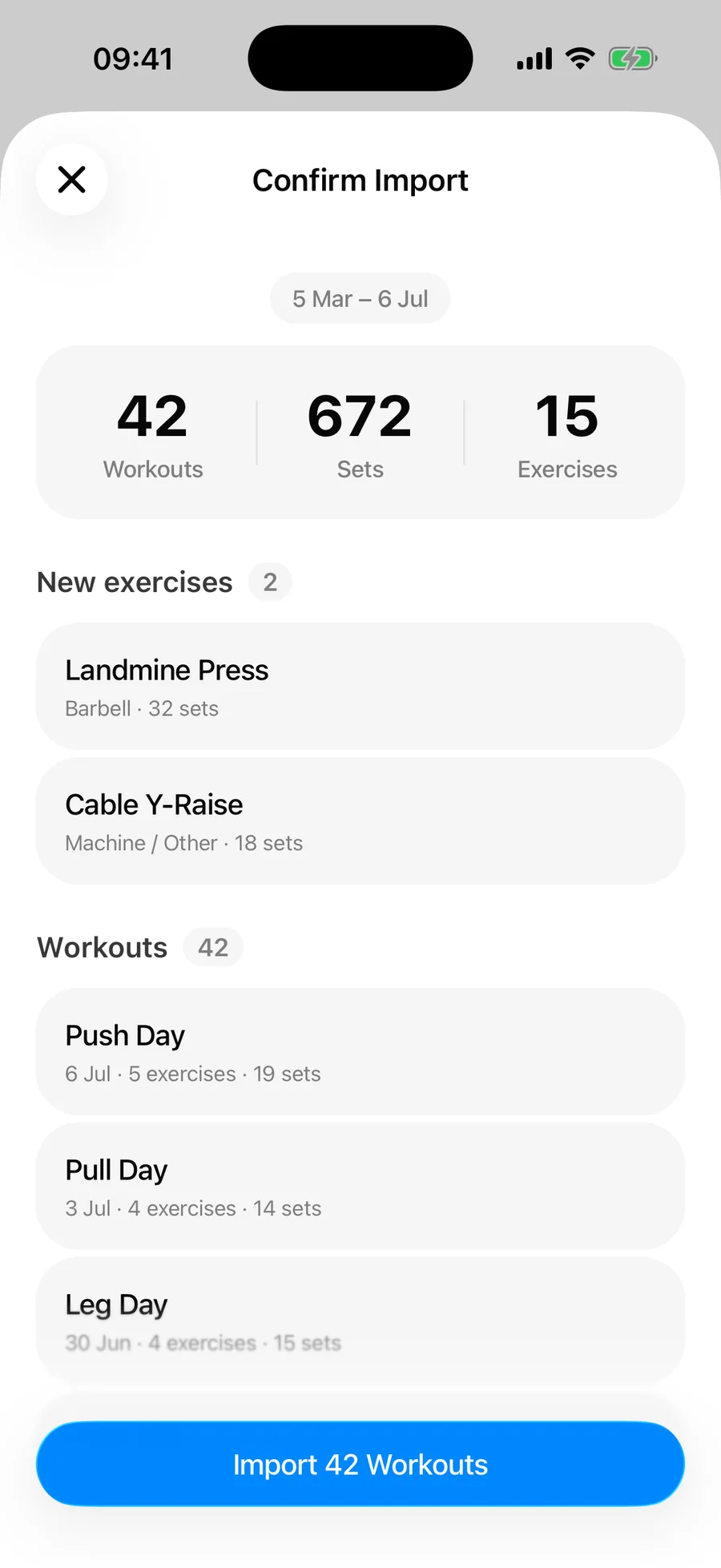 Gript's import confirmation screen listing workouts, sets, new exercises, and skipped duplicates