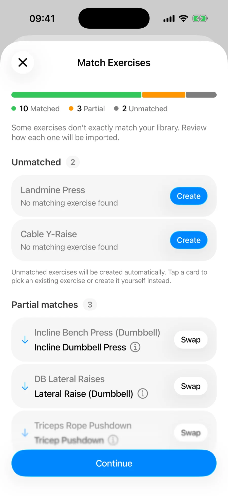 Gript's Match Exercises screen with a summary bar of matched, partial, and unmatched exercises