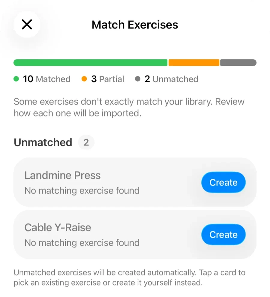 Gript matching imported exercises to its library with matched, partial, and unmatched groups