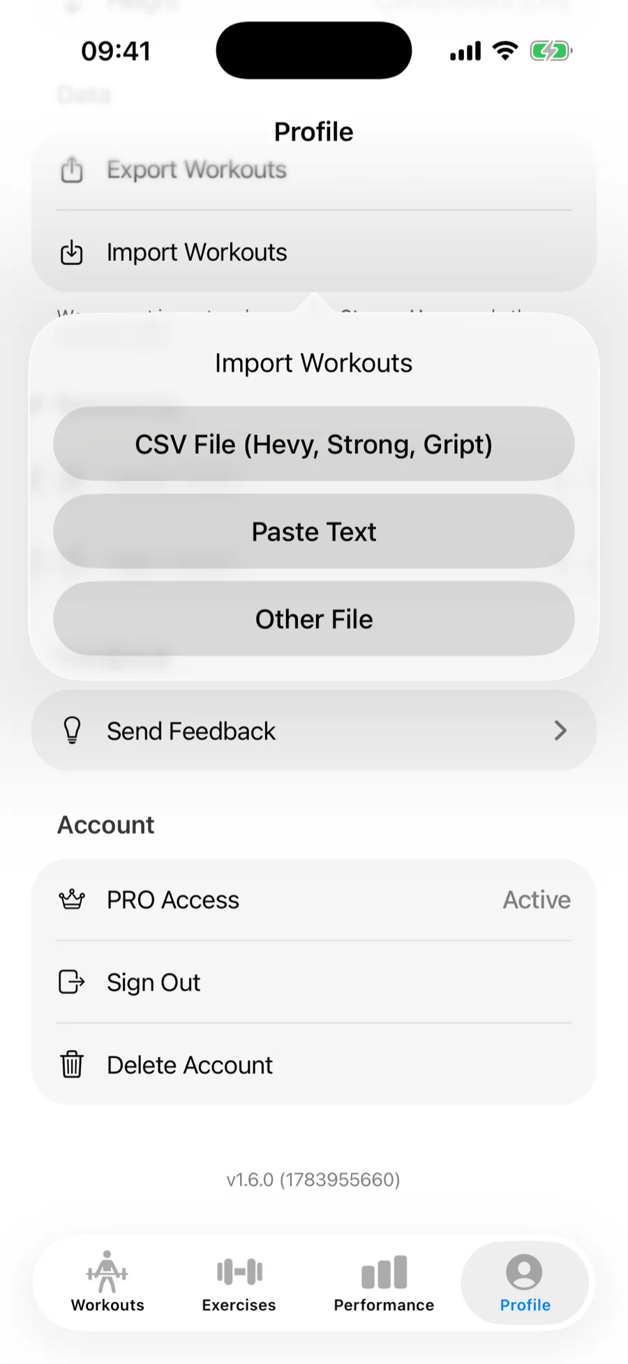 Gript's import source menu with CSV File, Paste Text, and Other File options