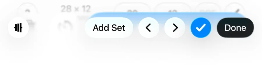 The Gript keyboard toolbar with Add Set, previous and next arrows, a complete-set checkmark, and Done