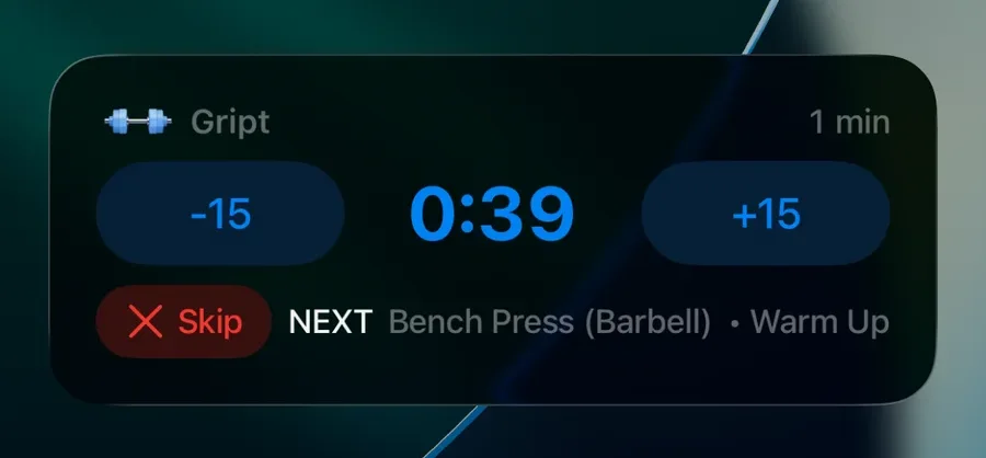 The Gript rest countdown on the iPhone lock screen with -15, +15, and Skip buttons and the next set preview