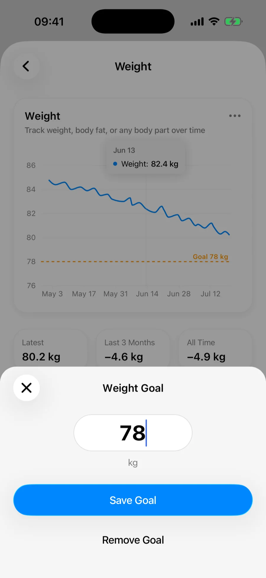 The set goal sheet in Gript with a large target weight input