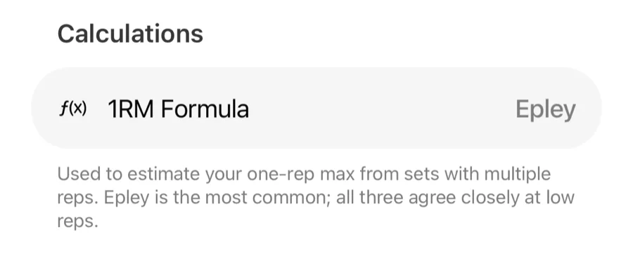 The 1RM Formula setting in Gript Workout Settings, set to Epley