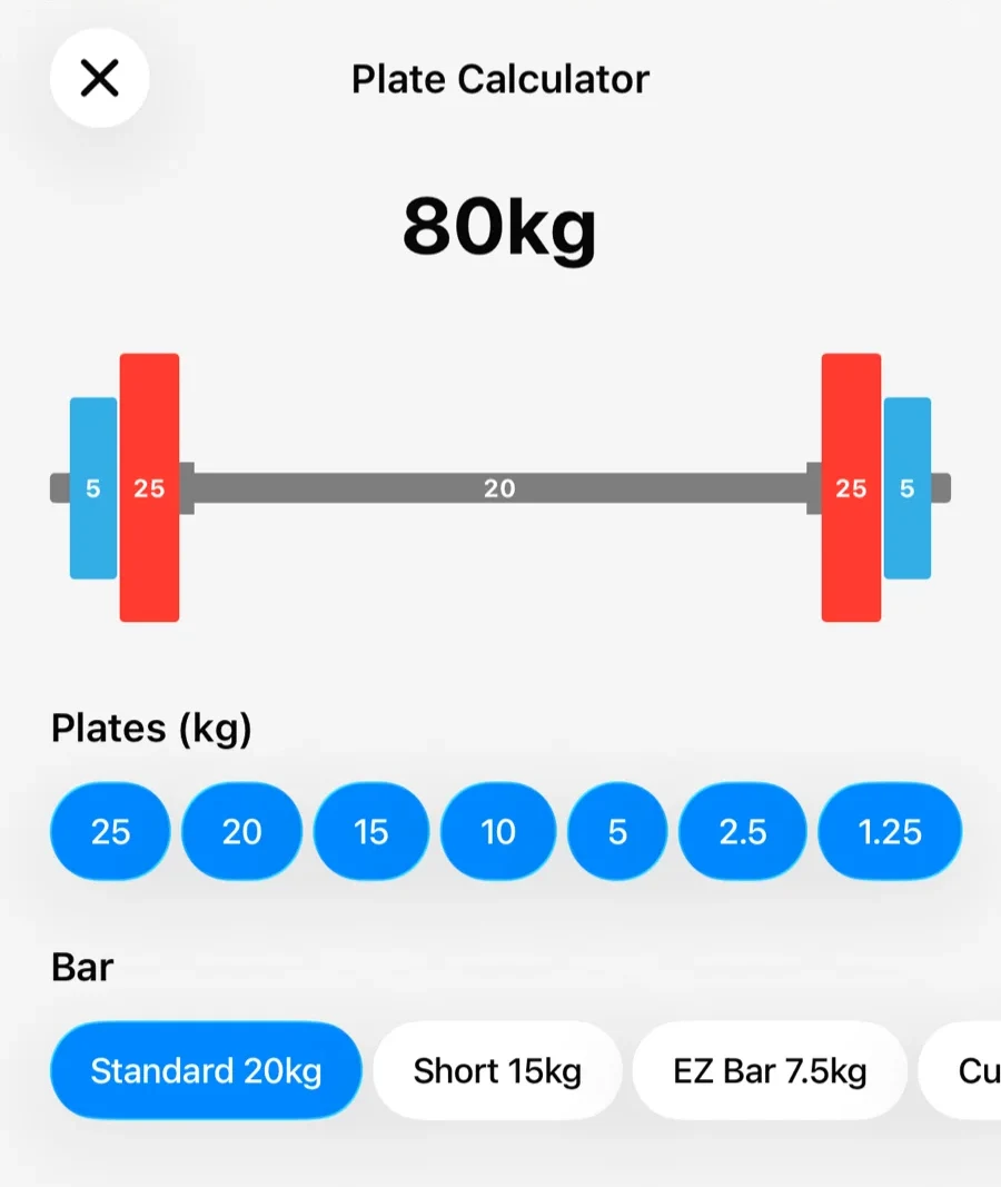 The Gript plate calculator showing plates per side for 80 kilograms