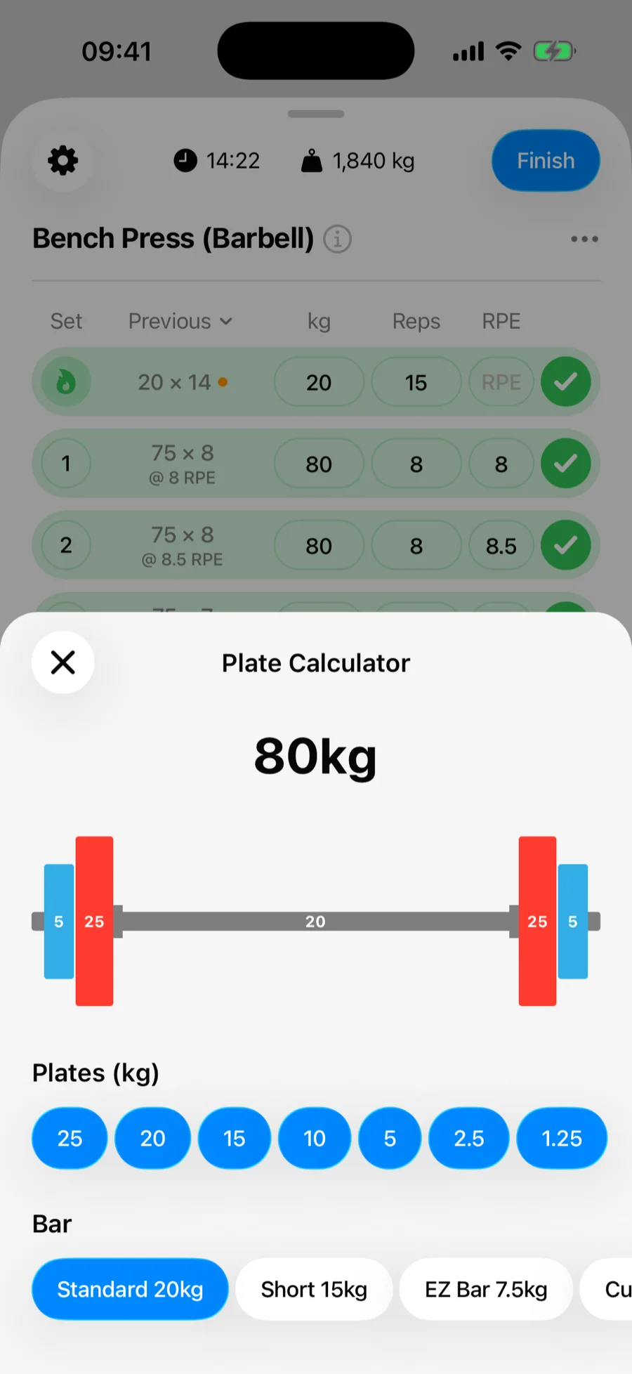Gript plate calculator showing the plates to load per side for 80 kg on a standard 20 kg bar