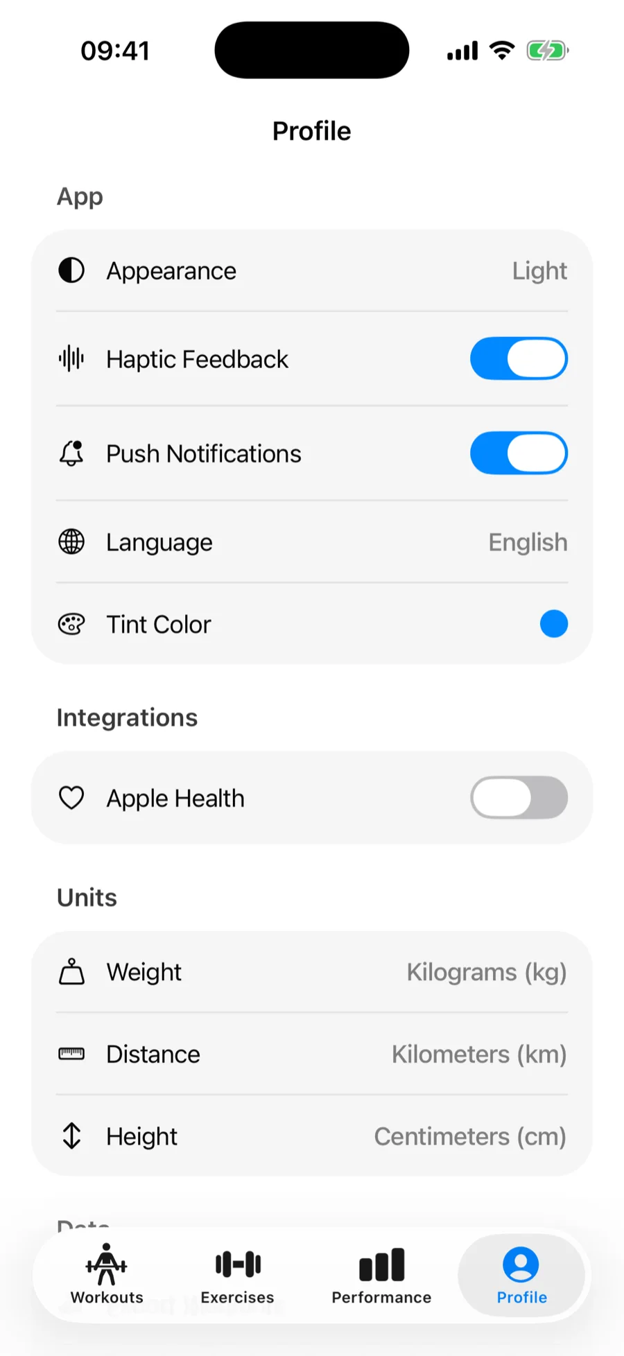 The Apple Health toggle in the Integrations section of the Gript Profile tab