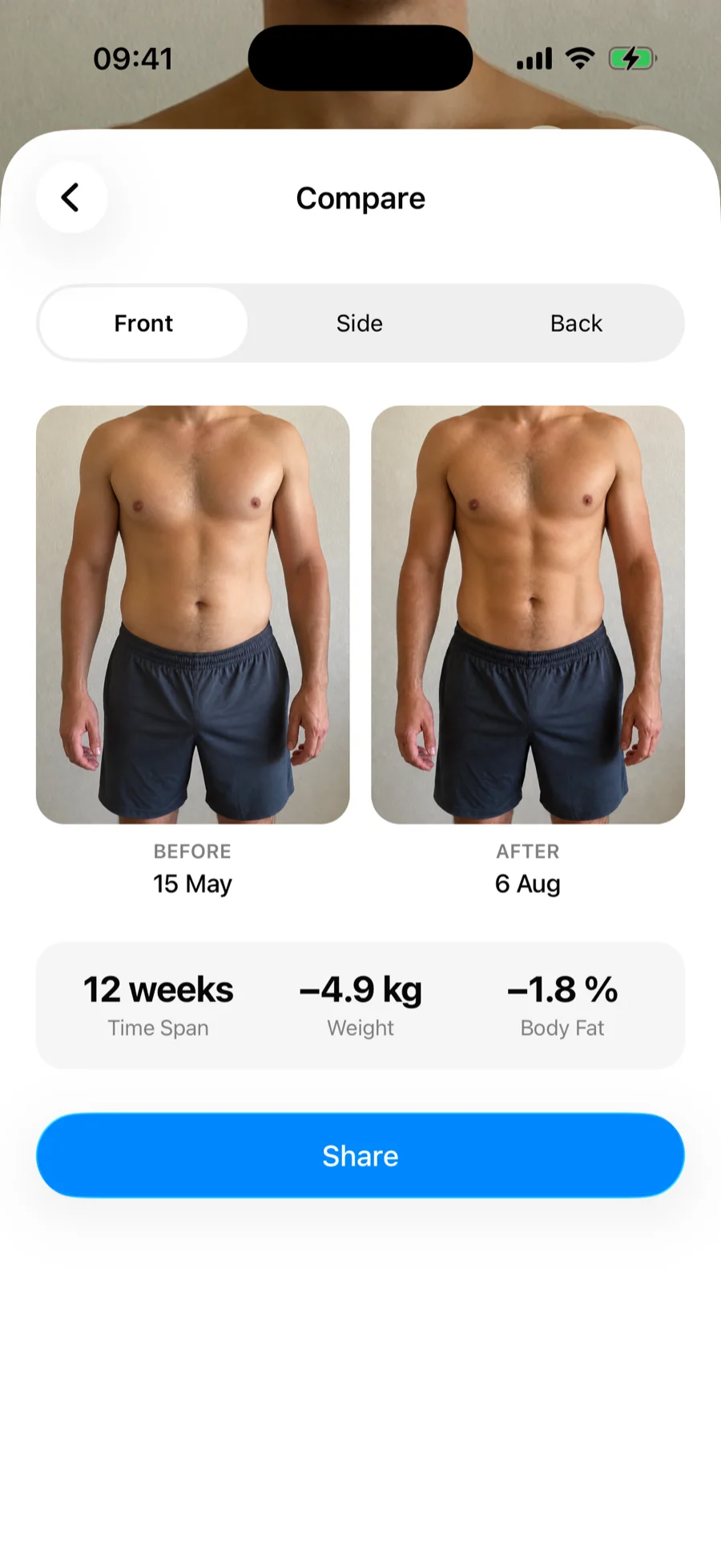 The Compare screen in Gript with before and after photos side by side and change stats between them