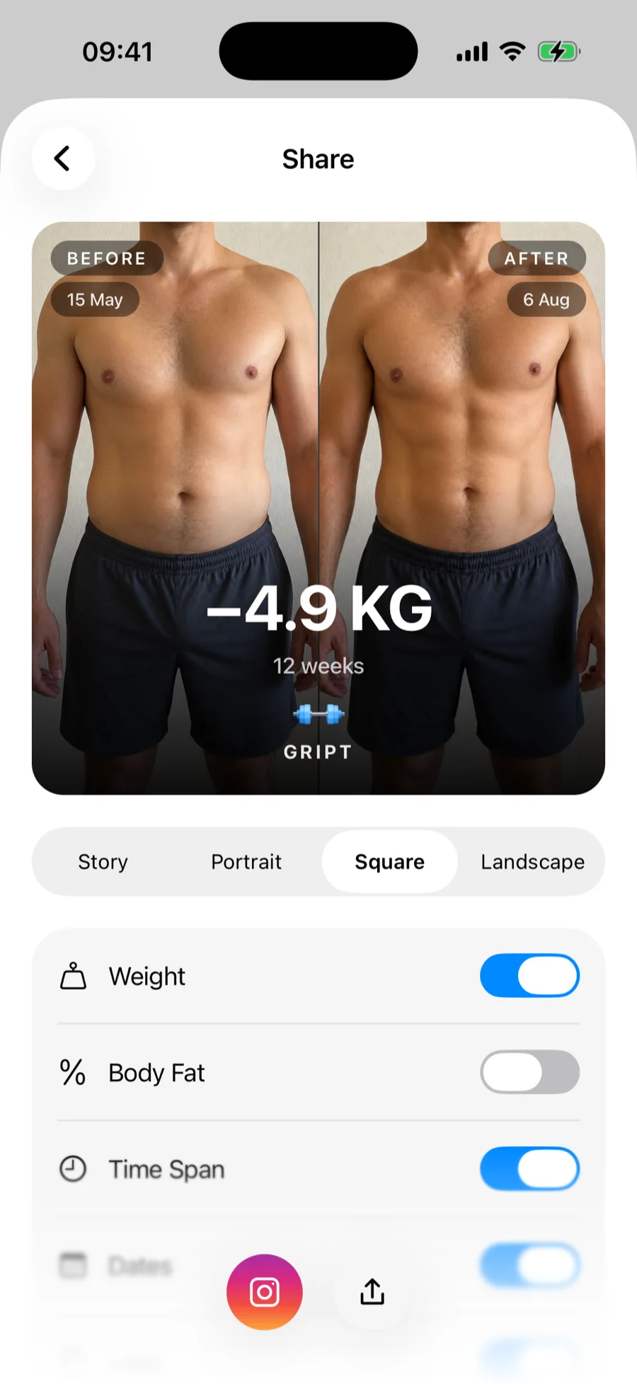 The Share screen in Gript with a before/after card preview, format selector, and content toggles