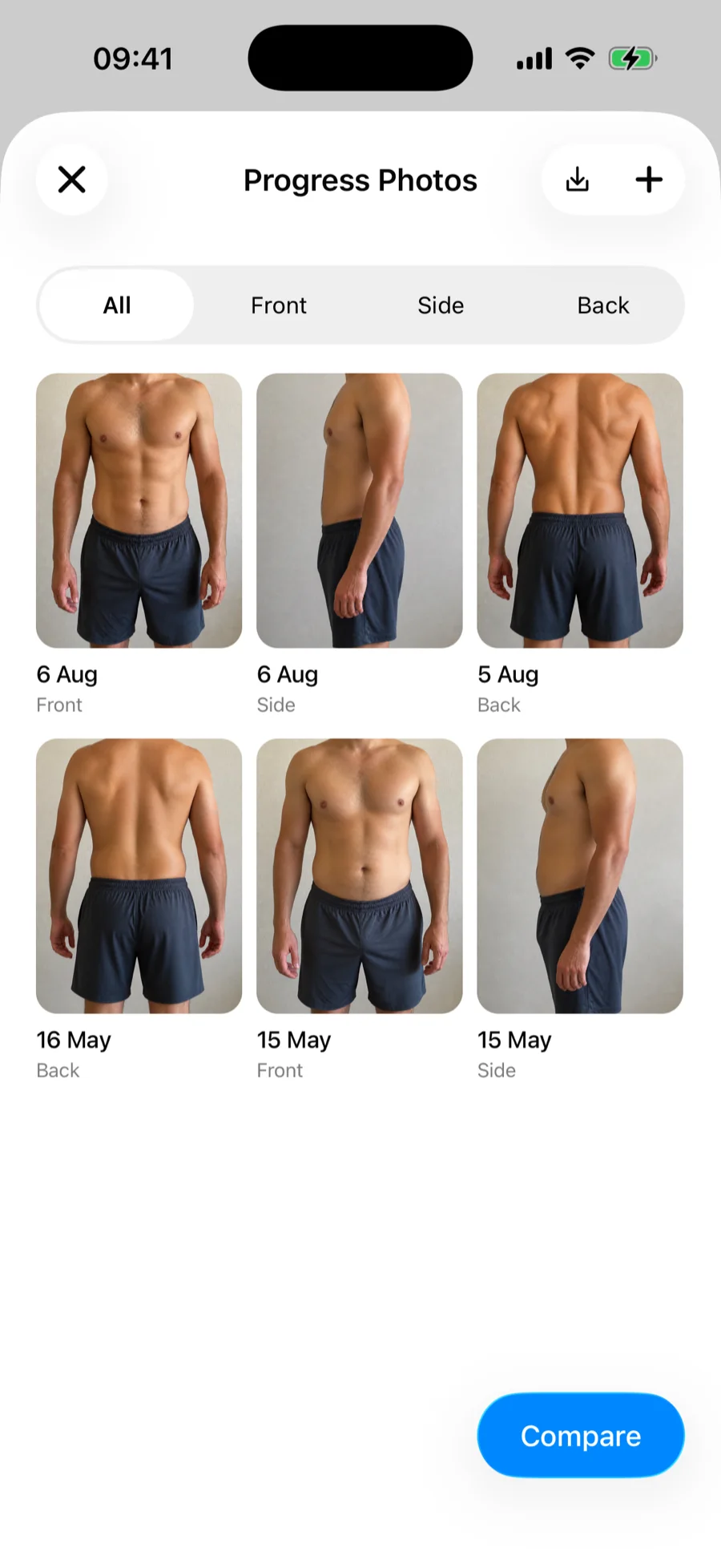 The Progress Photos timeline in Gript showing a grid of photos with dates and pose labels