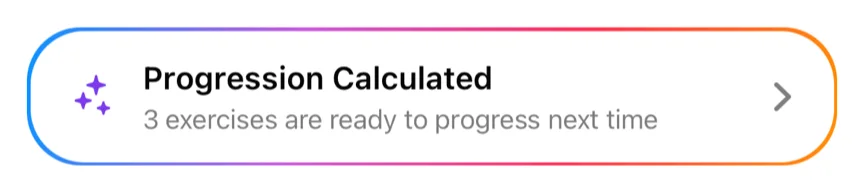 The Progression Calculated card on the Gript workout completion screen, showing three exercises ready to progress