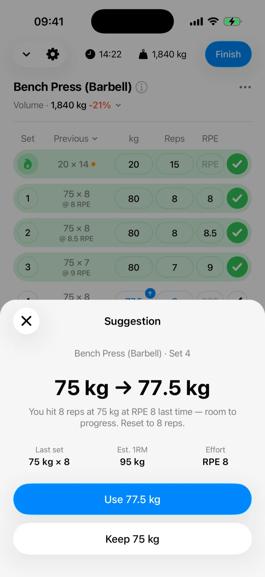 The Gript progression suggestion sheet showing last set, estimated 1RM, and effort, with Use and Keep buttons