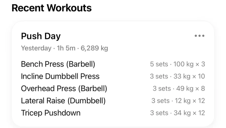 The Recent Workouts list on the Gript Workouts tab with per-exercise summaries