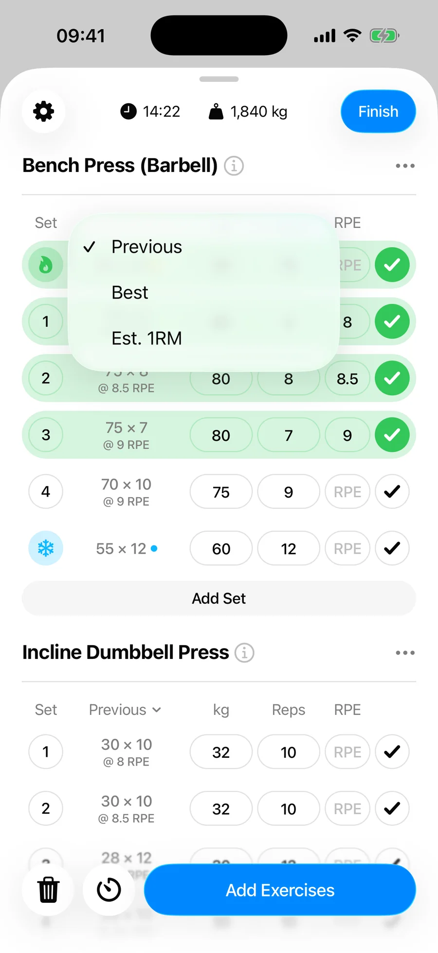 The reference column menu in Gript open with Previous, Best, and Est. 1RM options