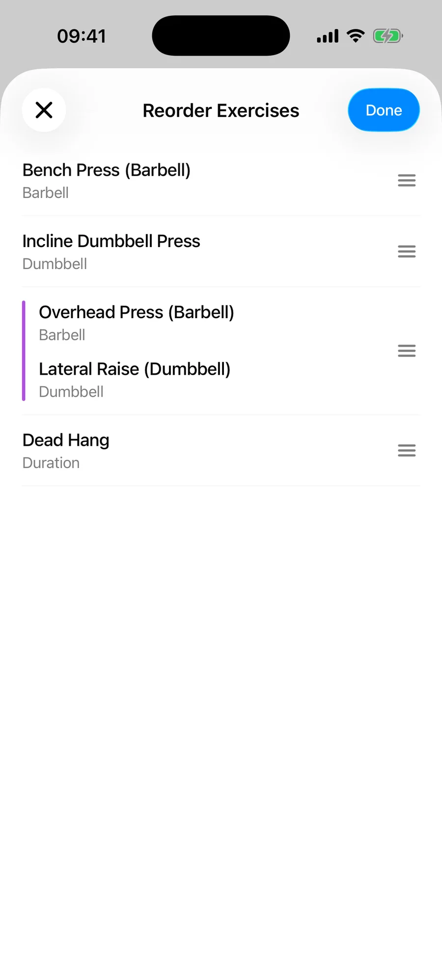 The Reorder Exercises screen in Gript showing a compact list with drag handles and a superset grouped as one block
