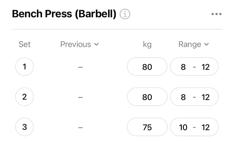 A bench press in the Gript routine editor with a Range column showing 8 to 12 rep targets