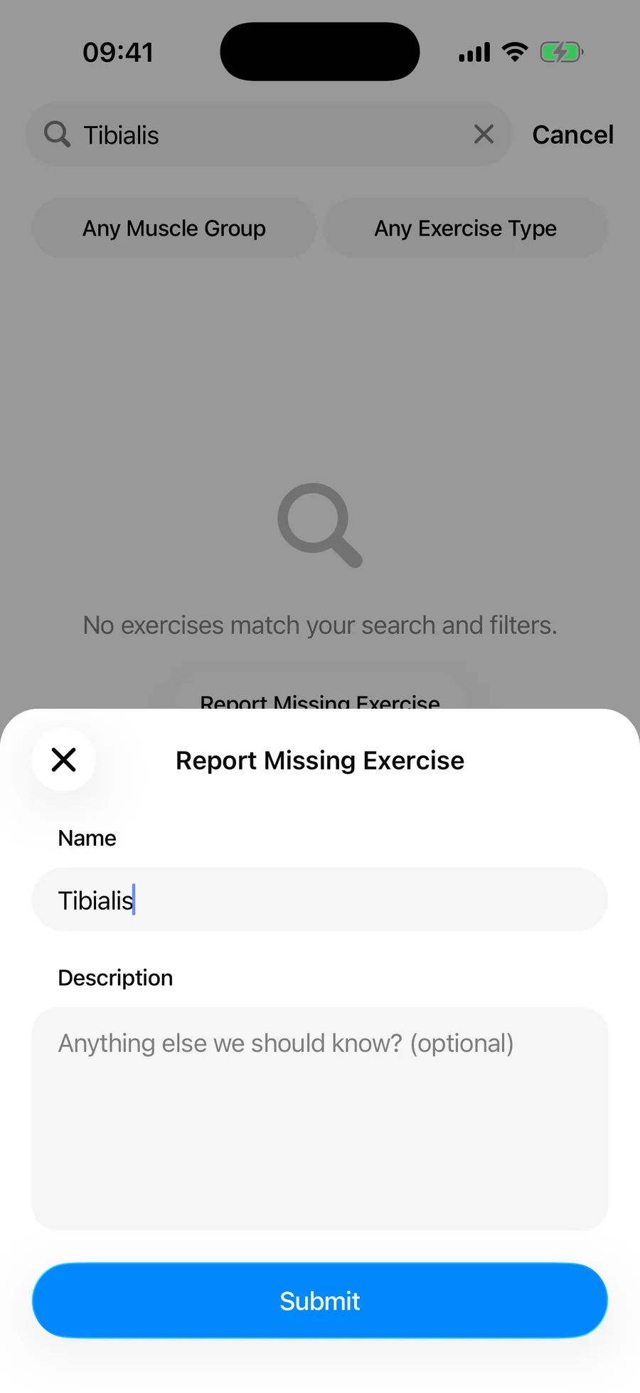 O formulário da Gript para avisar sobre exercício faltando, com os campos de nome e descrição