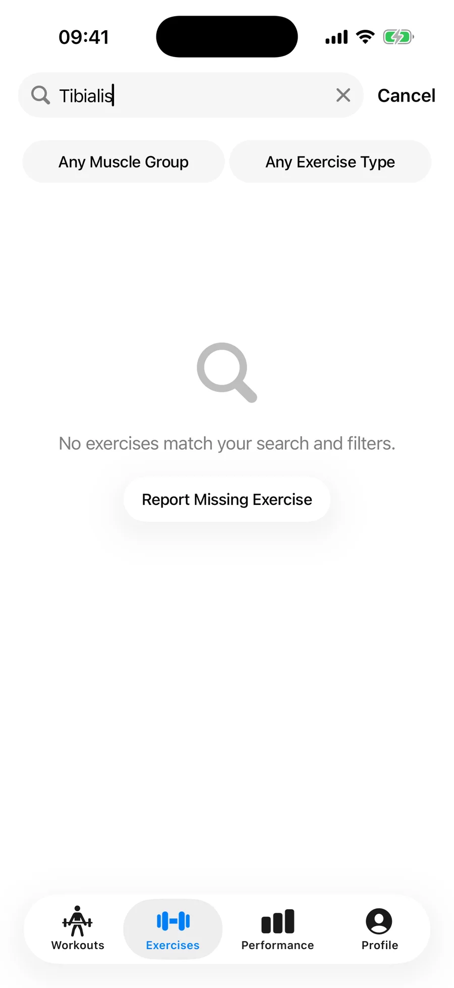 Uma busca de exercício sem resultados na Gript com o botão Avisar sobre exercício faltando