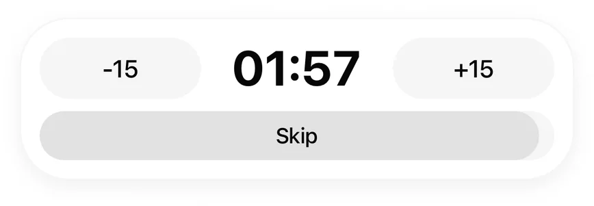 The Gript rest timer counting down from 1:52 with -15, +15, and Skip controls