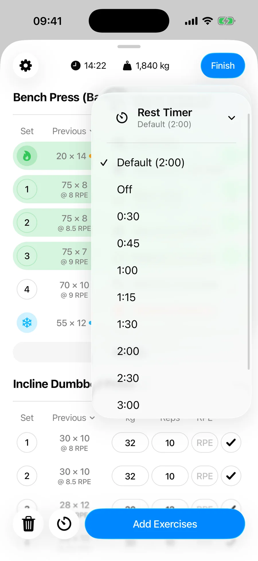 The per-exercise rest timer menu in Gript with Default, Off, and duration options from 0:30 upward