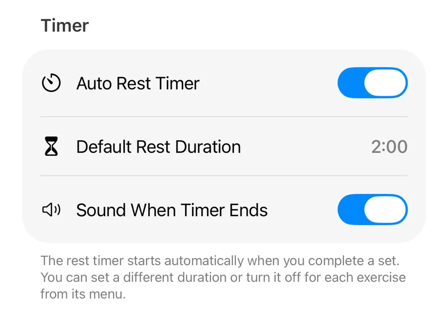 The Timer section of Gript Workout Settings with the Sound When Timer Ends toggle