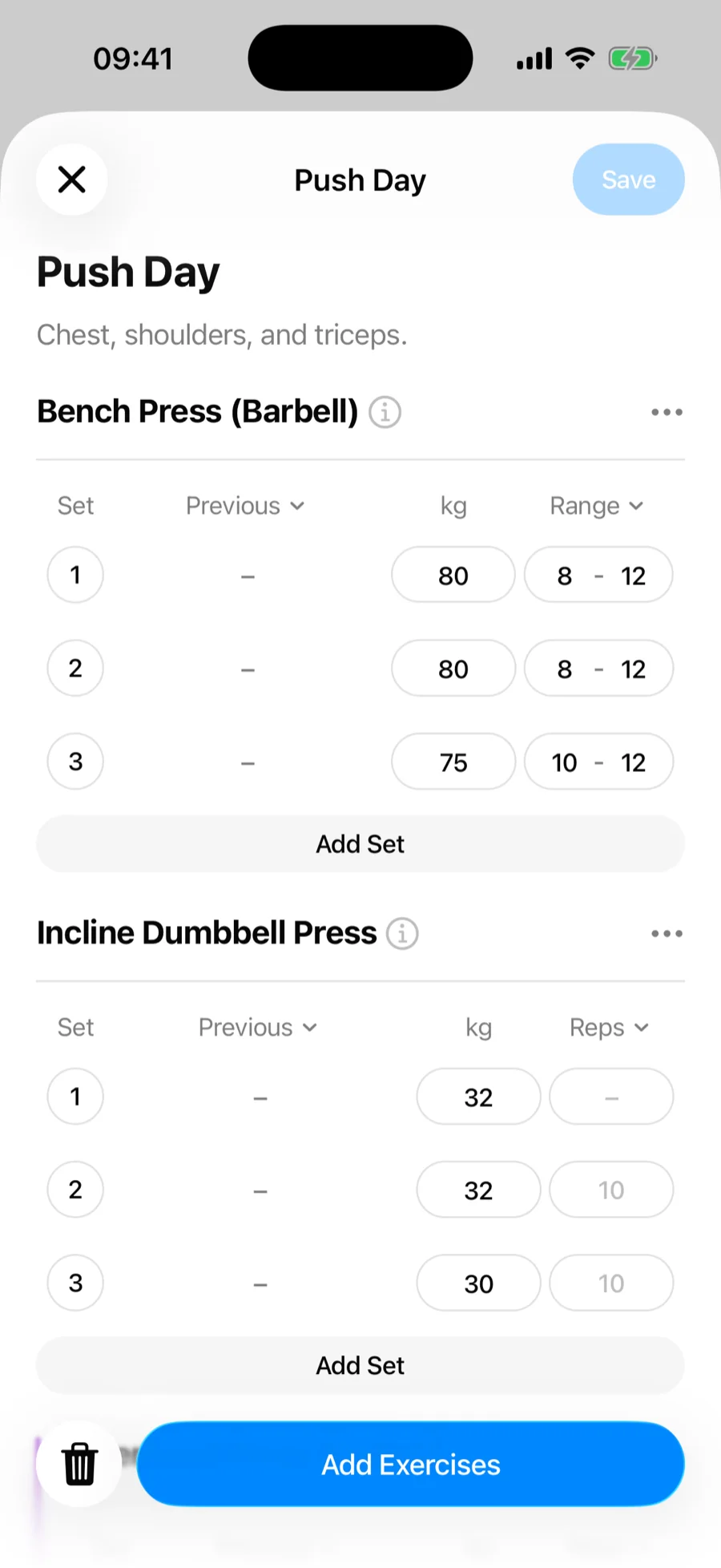 The Gript routine editor showing a Push Day routine with exercises, target weights, and rep ranges