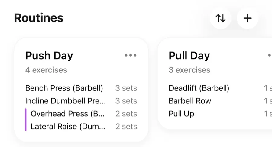 Routine cards on the Gript Workouts tab, each with a menu button in its corner