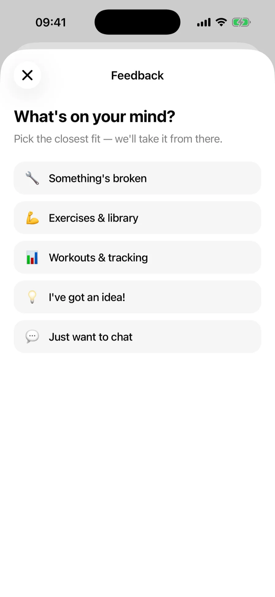 The Gript feedback screen asking what's on your mind, with categories for bugs, exercises, workouts, ideas, and chat