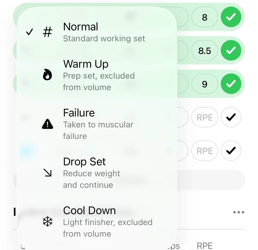 The Gript set type menu marking warm ups, failure sets, drop sets, and cool downs