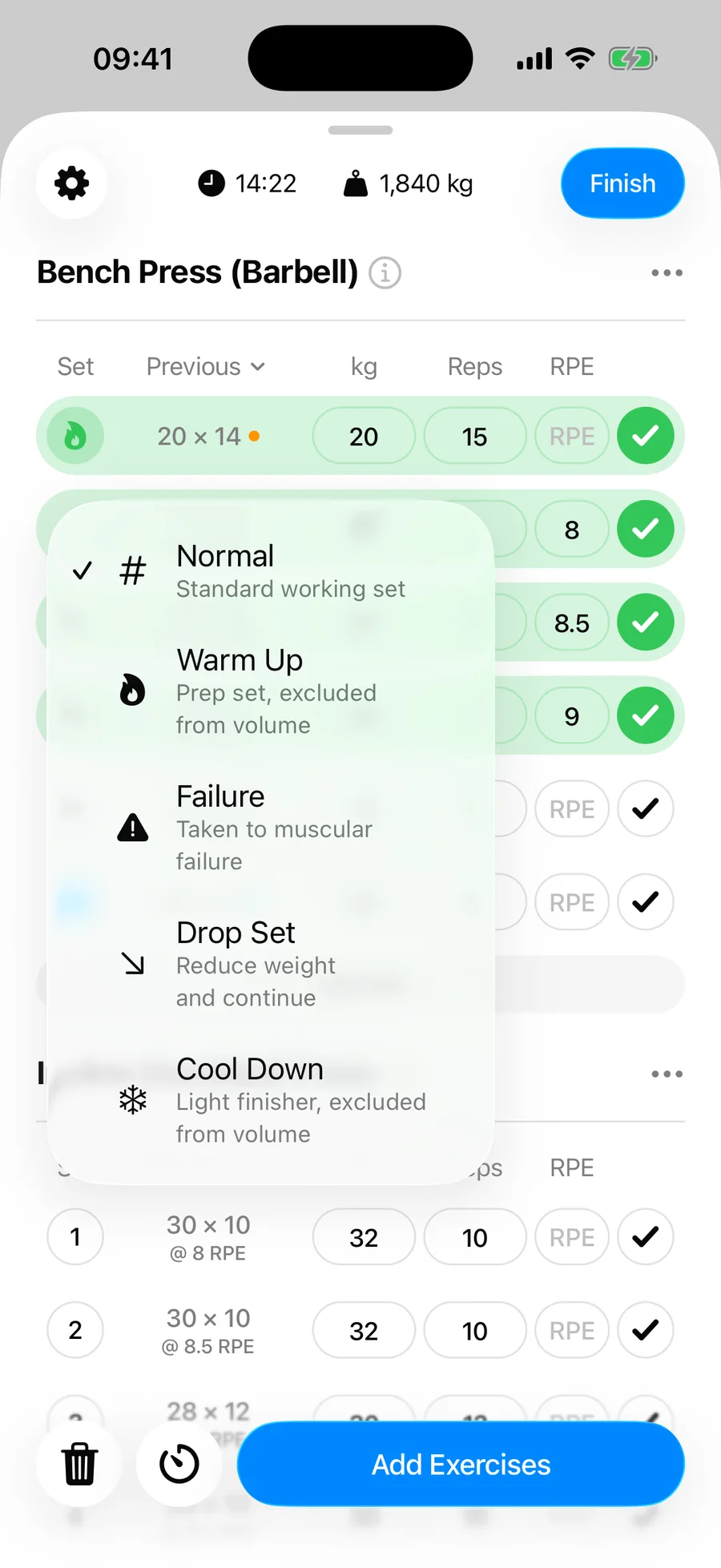 The set type menu in Gript with Normal, Warm Up, Failure, Drop Set, and Cool Down options and their descriptions