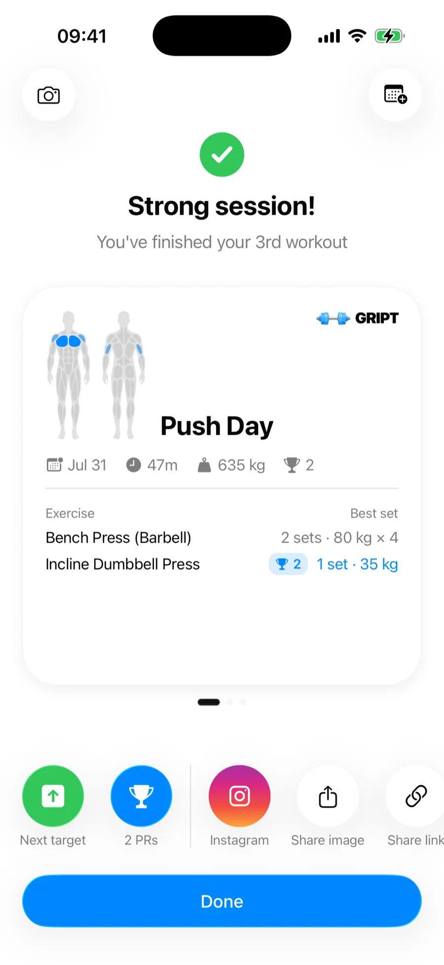 Card detalhado da Gript listando cada exercício com uma coluna Melhor série e etiquetas PR nas séries de recorde