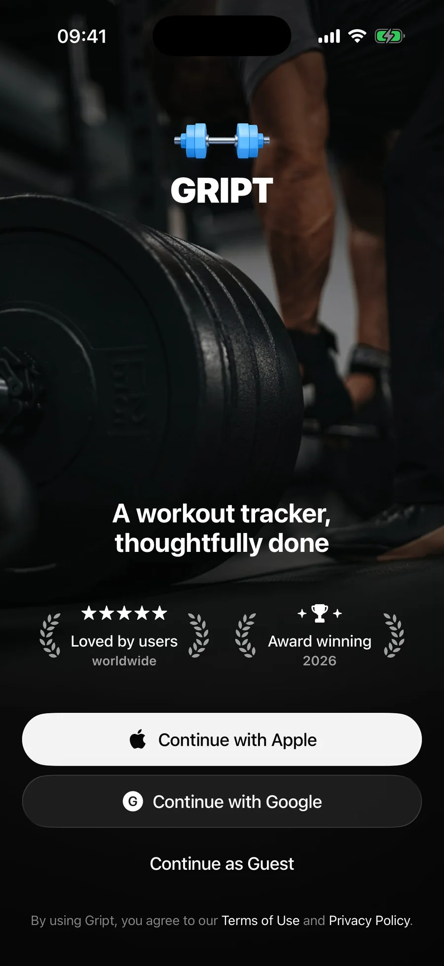 The Gript sign in screen with Apple, Google, and guest options