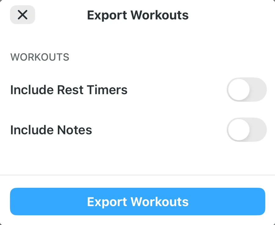 Strong's Export Workouts dialog with Include Rest Timers and Include Notes toggles and the Export Workouts button